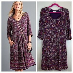 Garnet Hill XS 2 Paisley Purple Midi Dress Bohochic Classic Floral Pockets EUC